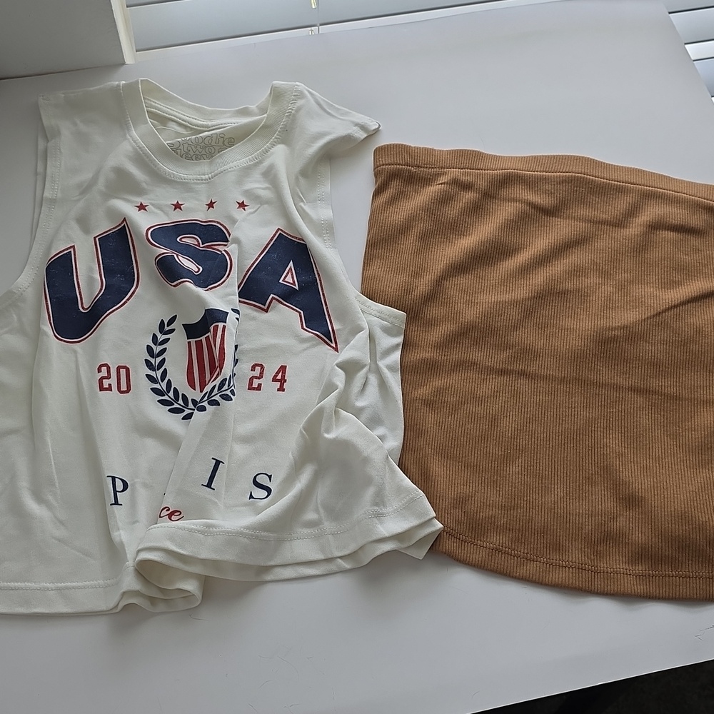 USA Graphic Sleeveless Tank Top Cream/Navy/Red And Tan Tube Top Small G213